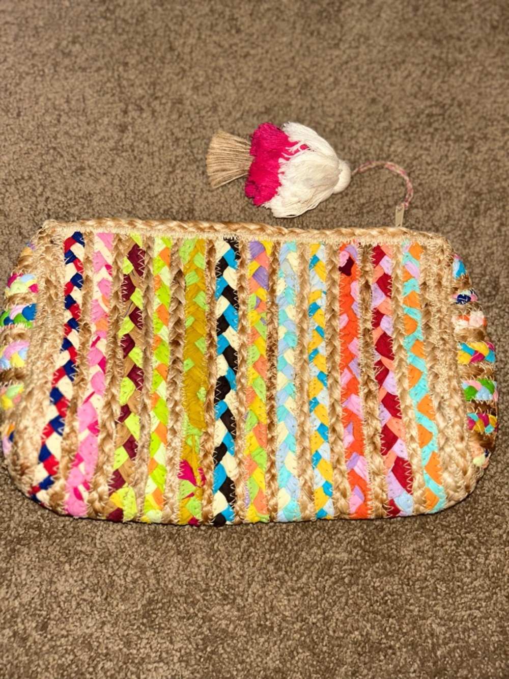 ANTIK KRAFT Beige Woven Jute Raffia Multicolor Braided Strip Fabrics Clutch EXC